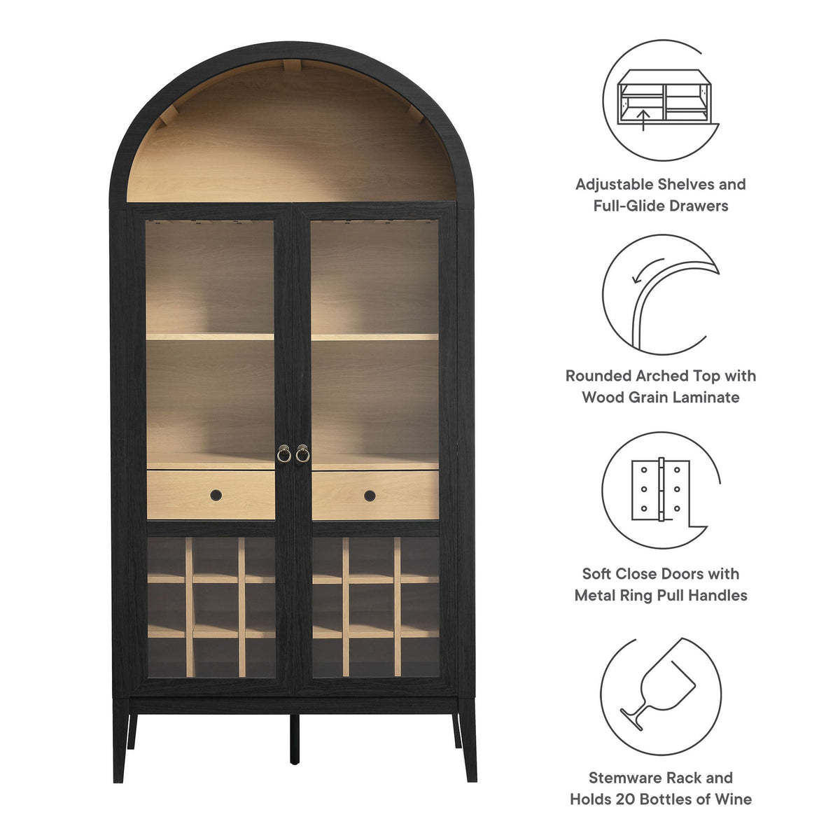 Nolan Arched Bar Cabinet black wood with glass doors, warm interior, 2 drawers on Tampa Home & Garden Store