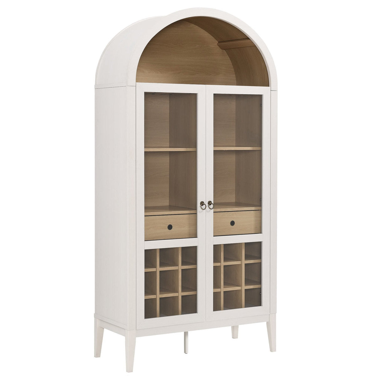 Nolan Arched Bar Cabinet white finish with glass doors and wood interior on Tampa Home & Garden Store