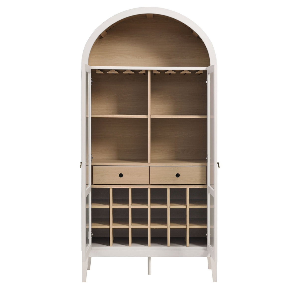 Nolan Arched Bar Cabinet with glass doors, white finish and light wood interior on Tampa Home & Garden Store