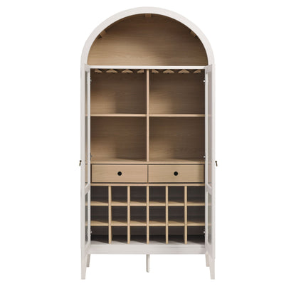 Nolan Arched Bar Cabinet with glass doors, white finish and light wood interior on Tampa Home & Garden Store