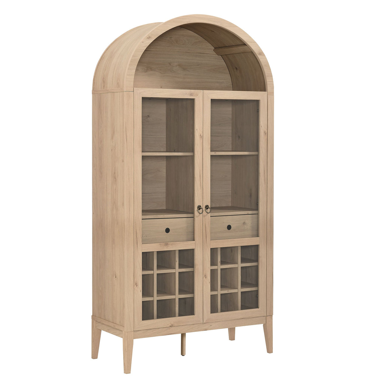 Nolan Arched Bar Cabinet by Modway, natural wood with glass-front doors for wine & liquor on Tampa Home & Garden Store