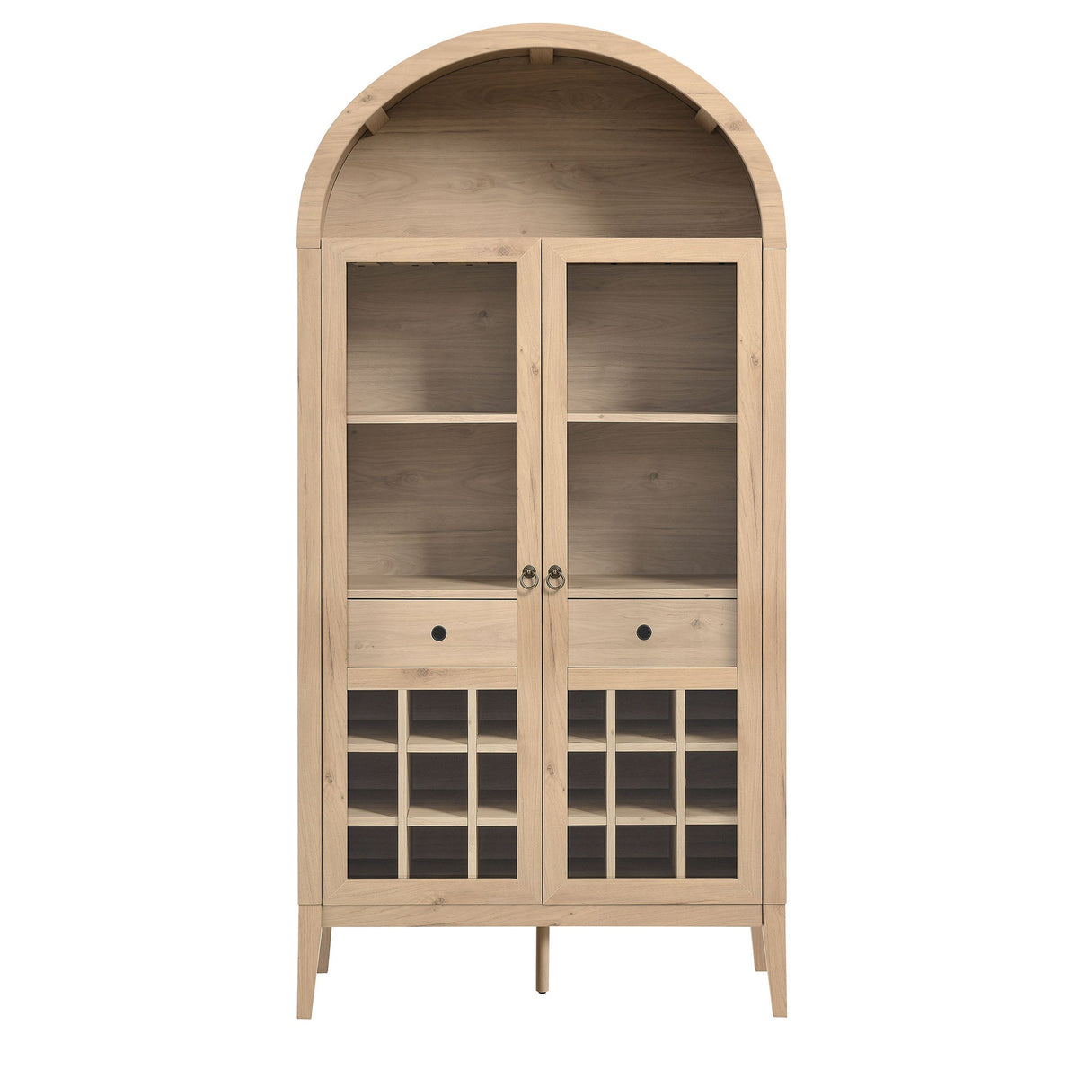 Nolan Arched Bar Cabinet by Modway light oak with two glass-front doors and arched top on Tampa Home & Garden Store