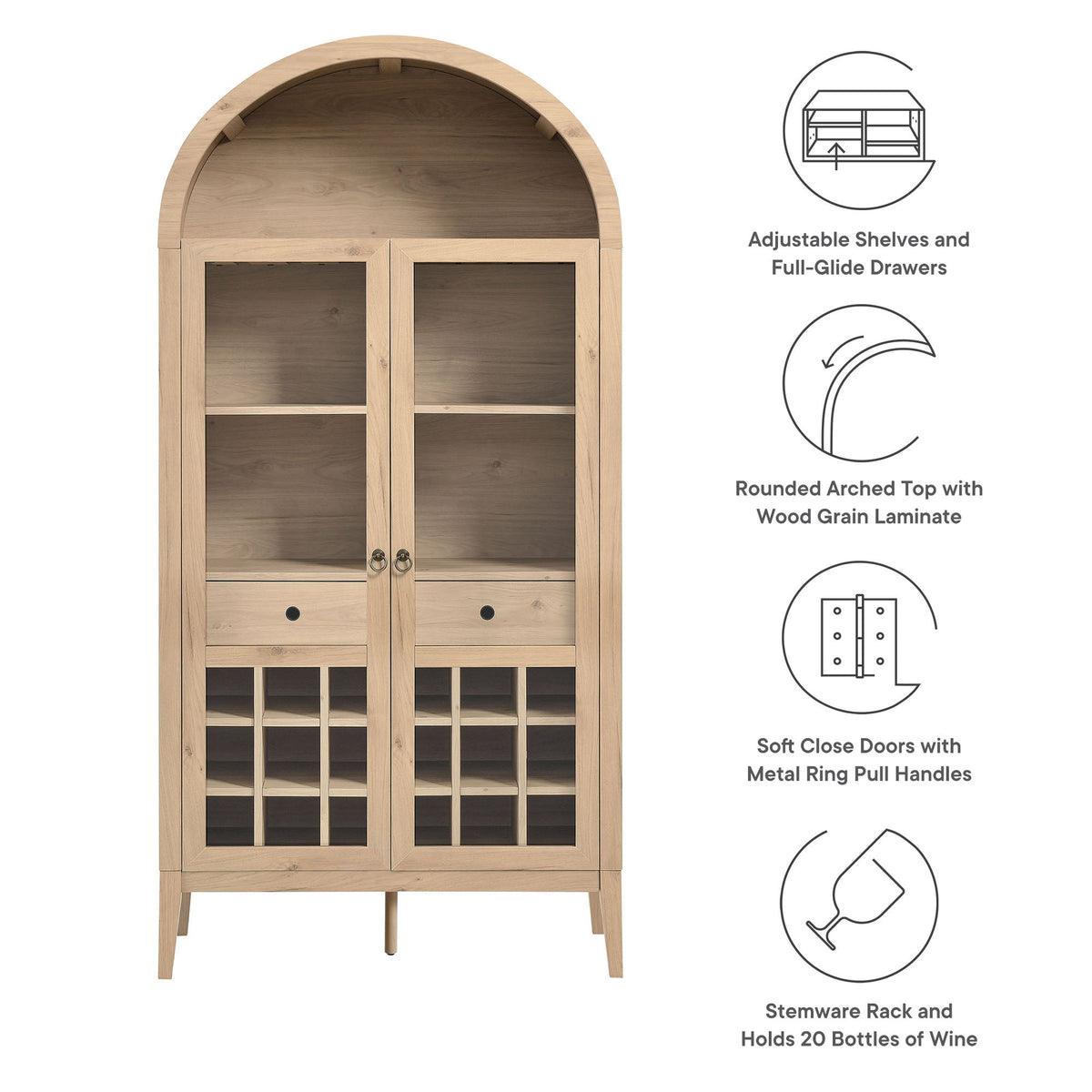 Nolan Arched Bar Cabinet by Modway in natural wood with glass-front doors and wine racks on Tampa Home & Garden Store