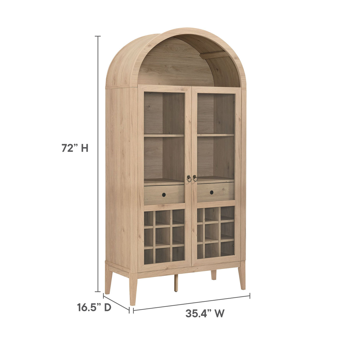 Nolan Arched Bar Cabinet by Modway natural wood finish with glass-front doors and shelves on Tampa Home & Garden Store
