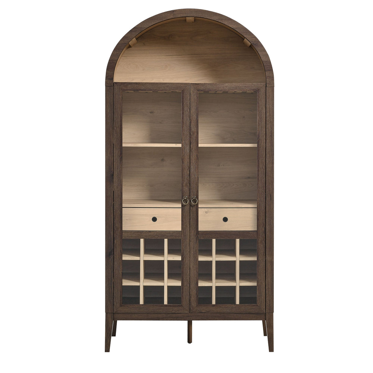 Nolan Arched Bar Cabinet by Modway, dark wood frame, glass doors, wine rack and drawers on Tampa Home & Garden Store