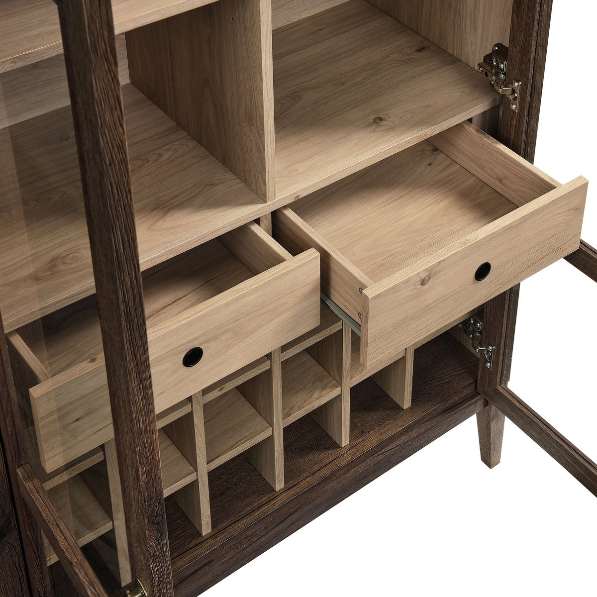 Nolan Arched Bar Cabinet by Modway, light oak interior with open shelves and hinged door on Tampa Home & Garden Store