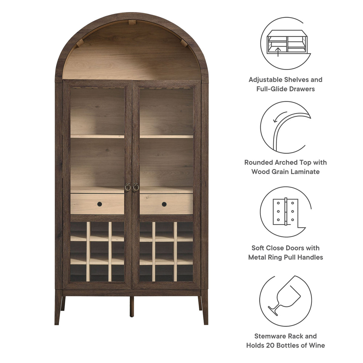 Nolan Arched Bar Cabinet by Modway in dark wood with glass doors, ring pulls and drawers on Tampa Home & Garden Store