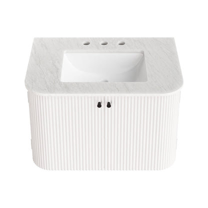 Zia wall-mount vanity with white marble sink and three faucet holes, ribbed base on Tampa Home & Garden Store