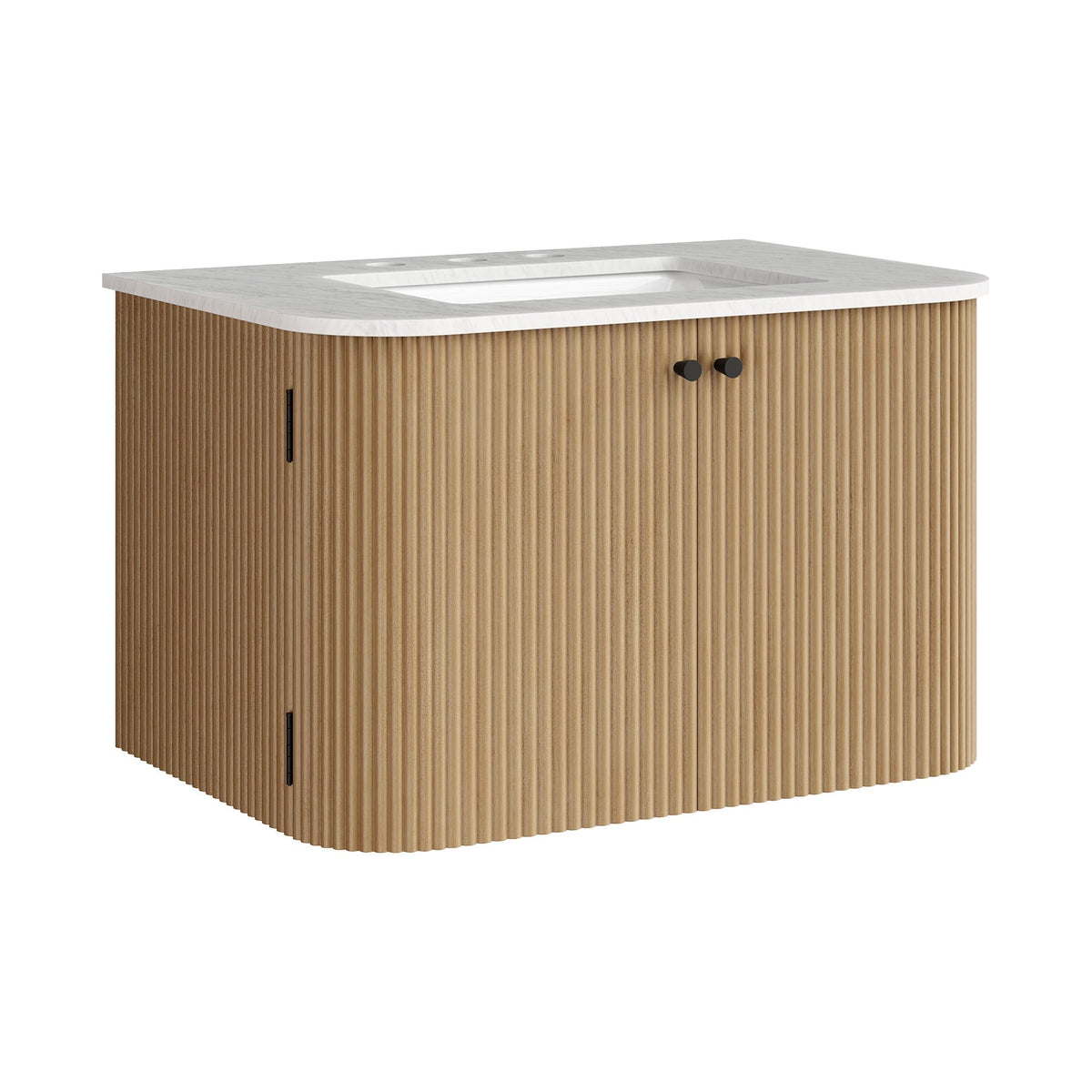 Zia wall-mount vanity with marble countertop and sink; light wood slatted cabinet, black knobs on Tampa Home & Garden Store