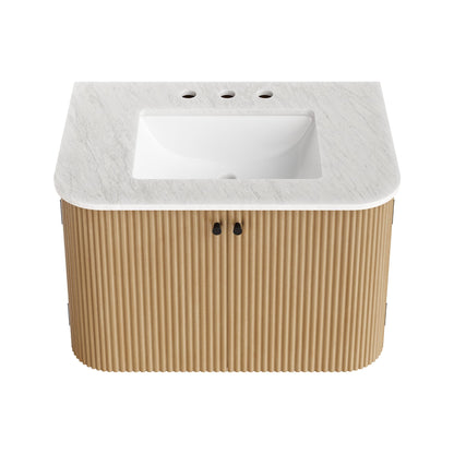 Zia wall-mount bathroom vanity with white marble sink and ribbed wood base on Tampa Home & Garden Store
