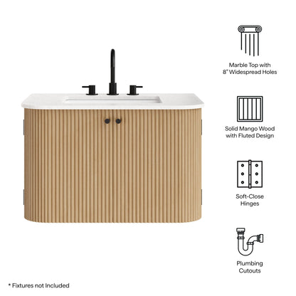 Zia Wall-Mount Vanity with Marble Top solid mango wood fluted cabinet black faucet fixtures on Tampa Home & Garden Store