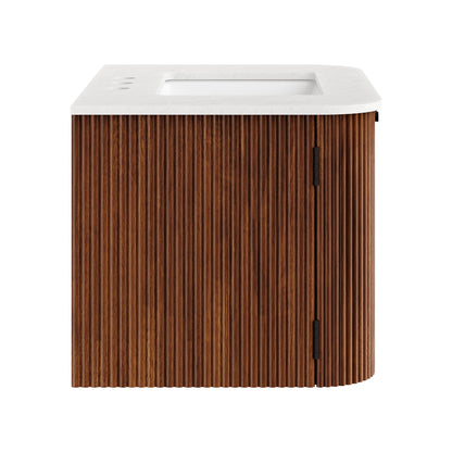 Zia wall-mount bathroom vanity with marble top and inset sink, wood slat cabinet on Tampa Home & Garden Store