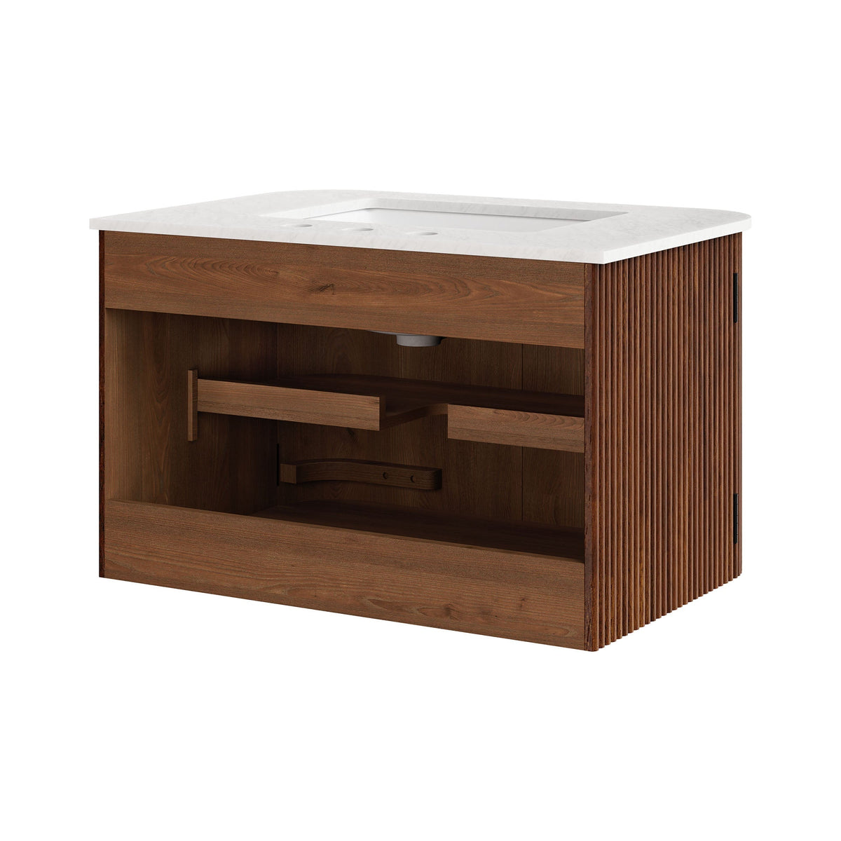 Zia wallmount bathroom vanity with marble sink; wood cabinet with ribbed panels on Tampa Home & Garden Store