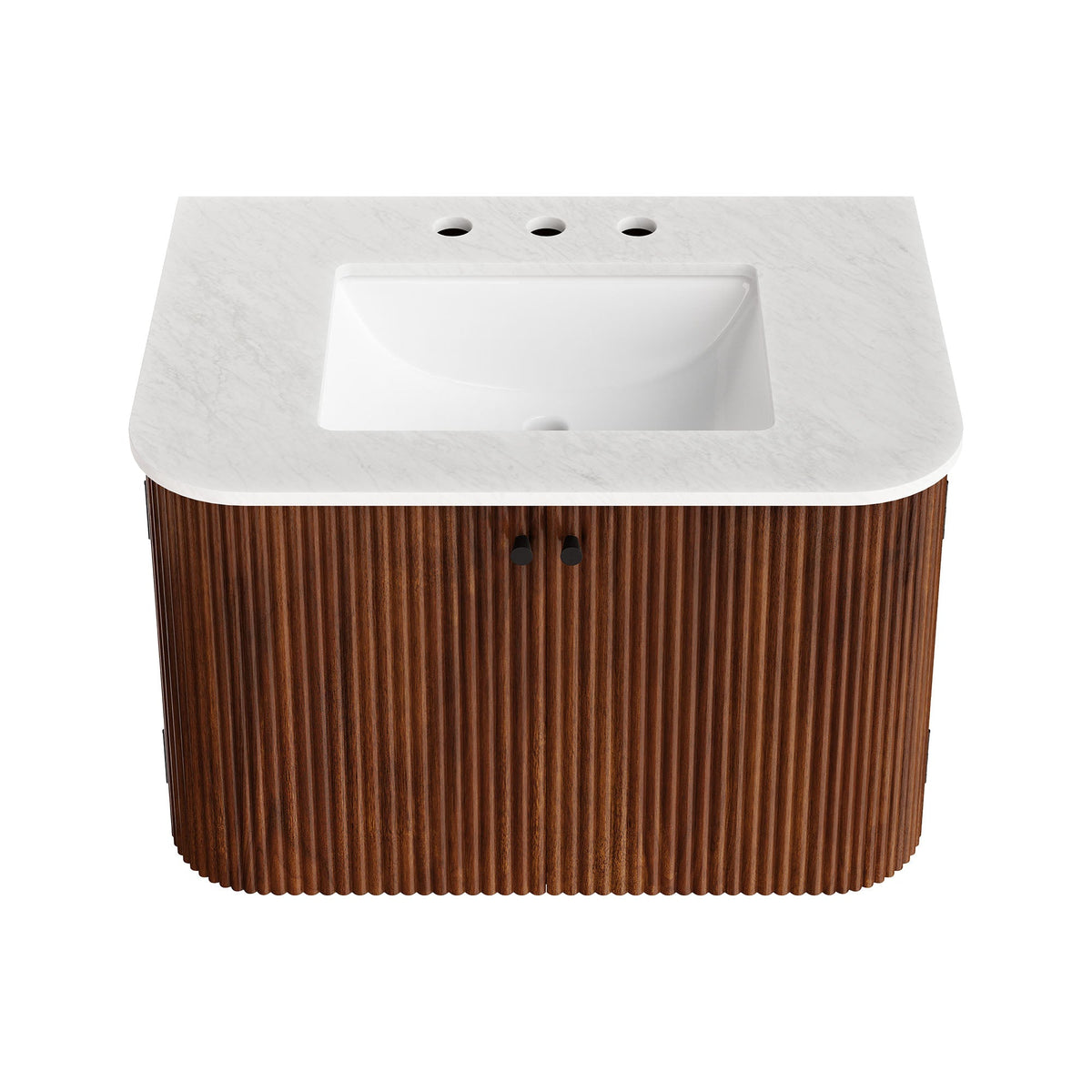 Zia wall-mount bathroom vanity with white marble sink, three faucet holes, ribbed wood base on Tampa Home & Garden Store