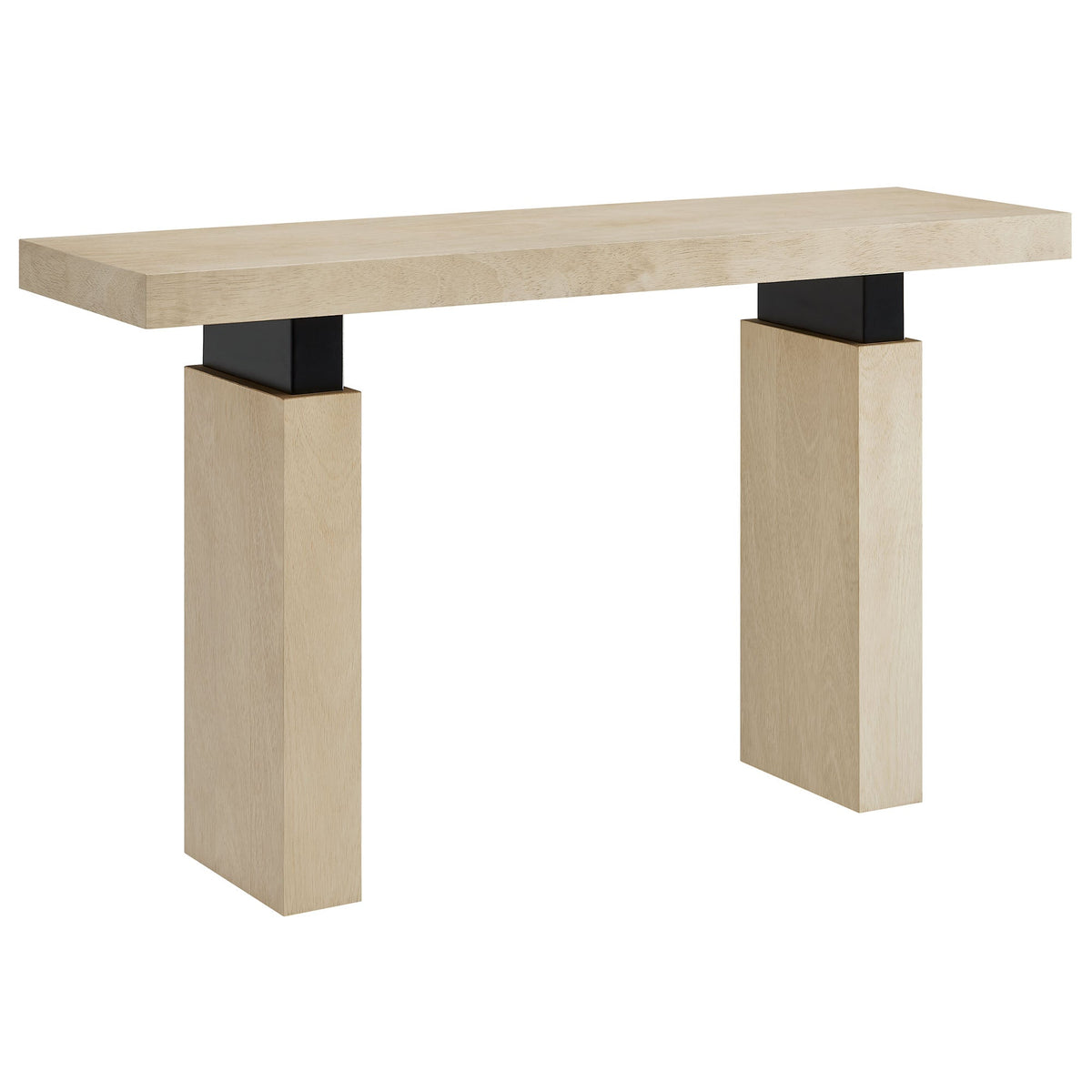 Piston 52in rectangular wood console table in light oak with black block supports on Tampa Home & Garden Store