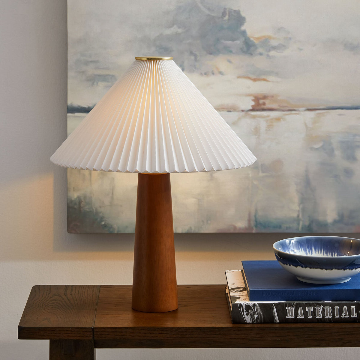 Jessica Wooden Base Table Lamp with Pleated Fabric Shade, brass top ring on Tampa Home & Garden Store