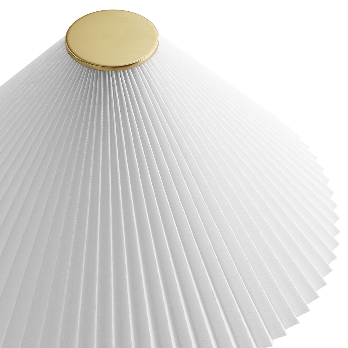 Table lamp closeup with white pleated shade and gold round finial on Tampa Home & Garden Store