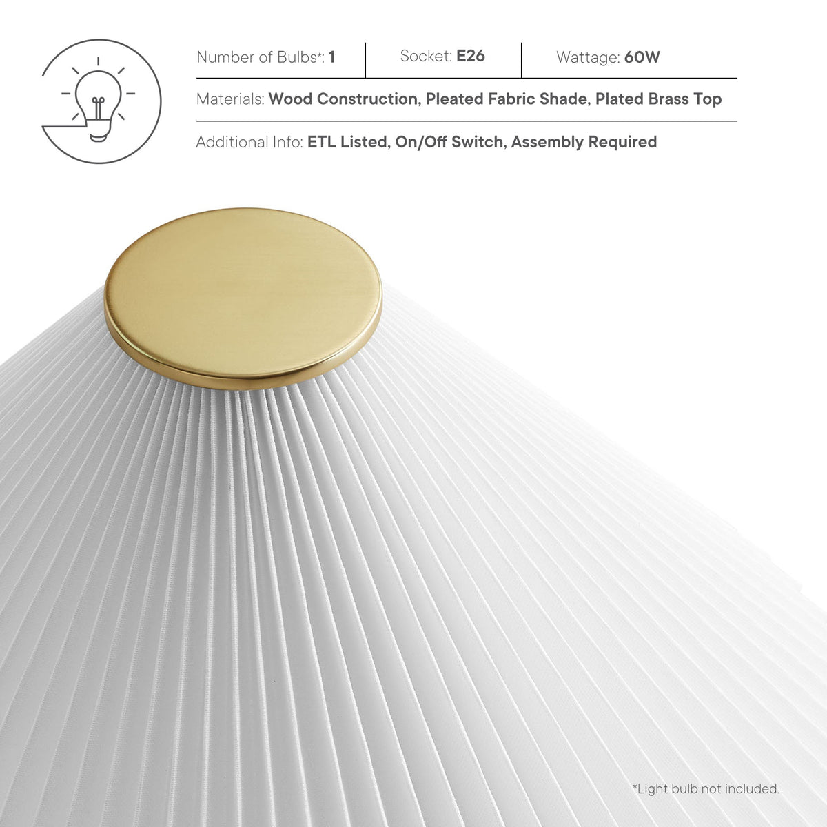 Jessica wooden-base table lamp with pleated white fabric shade and brass top on Tampa Home & Garden Store