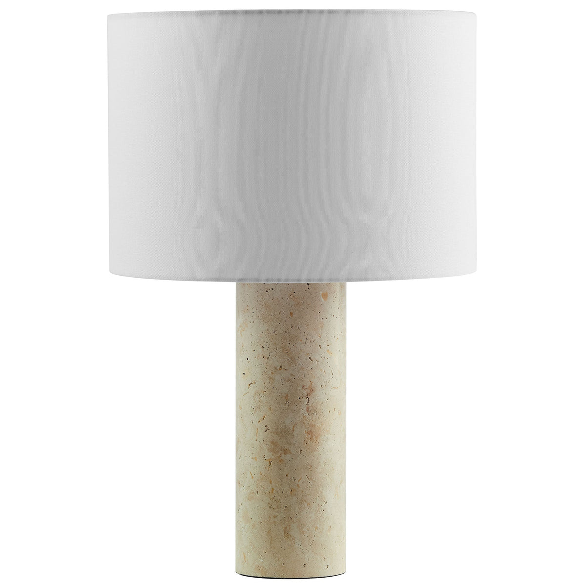 Zenith travertine table lamp with white fabric drum shade and natural stone base by HouseOfZazla on Tampa Home & Garden Store