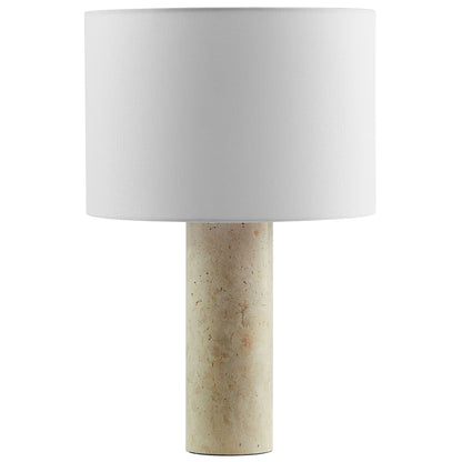 Zenith travertine table lamp with white fabric drum shade and natural stone base by HouseOfZazla on Tampa Home & Garden Store