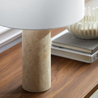 Zenith travertine table lamp with light gray fabric drum shade on stone base on Tampa Home & Garden Store