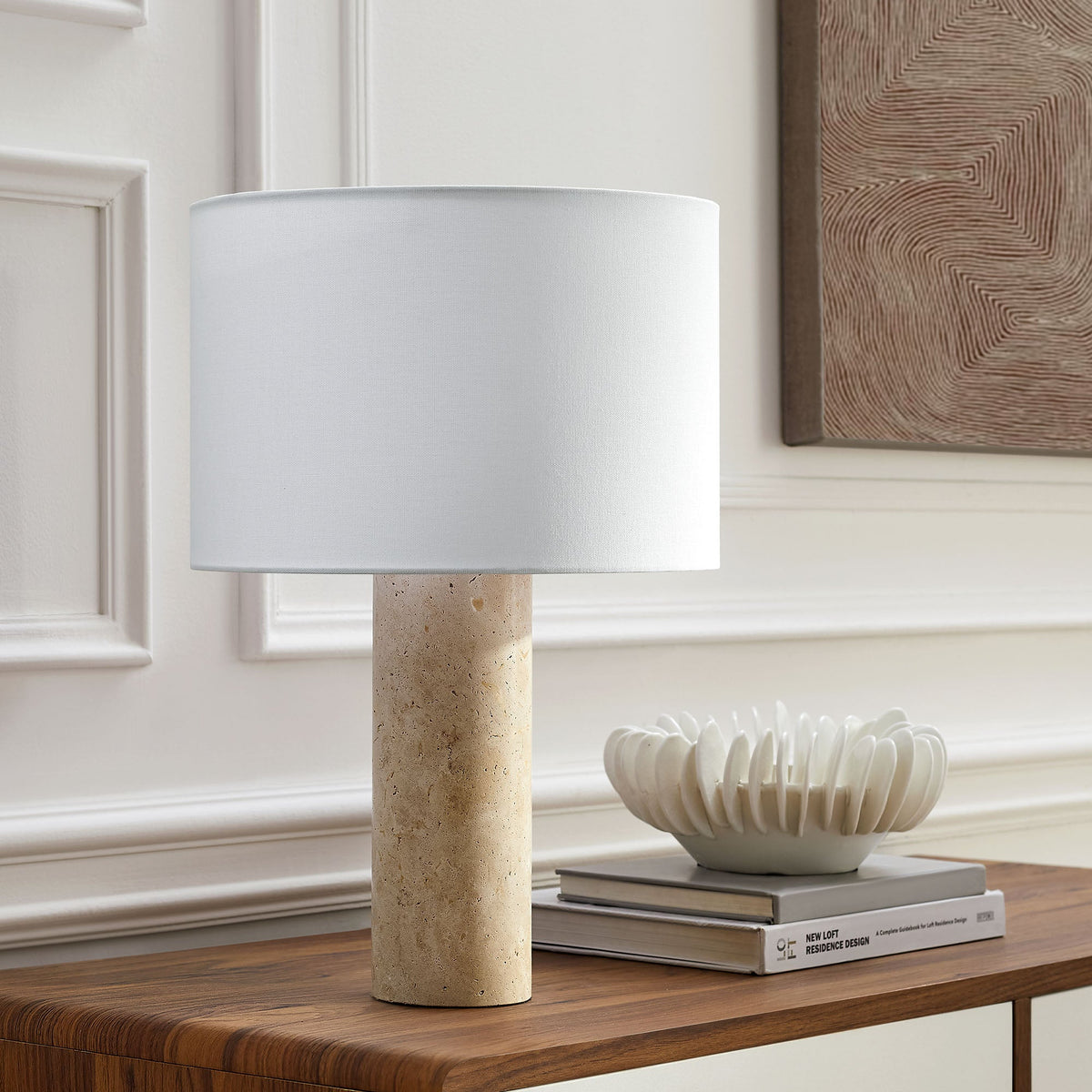 Zenith travertine table lamp with white fabric drum shade and travertine base on Tampa Home & Garden Store