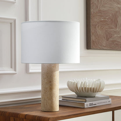Zenith travertine table lamp with white fabric drum shade and travertine base on Tampa Home & Garden Store