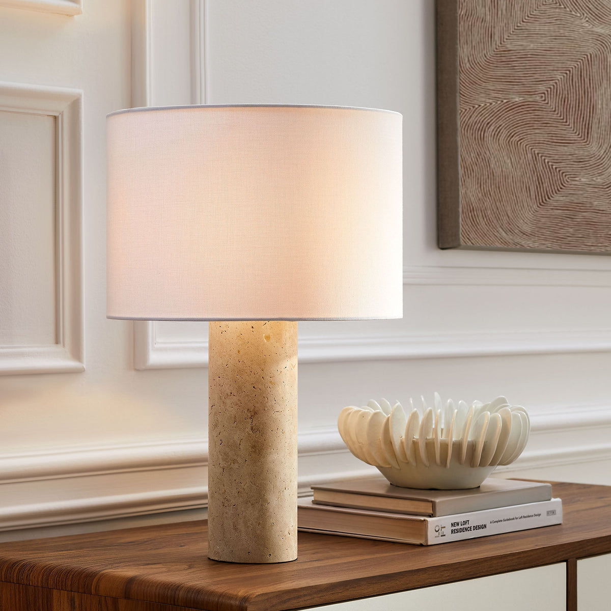 Table lamp Zenith Travertine with a fabric drum shade on a natural stone base by Modway on Tampa Home & Garden Store
