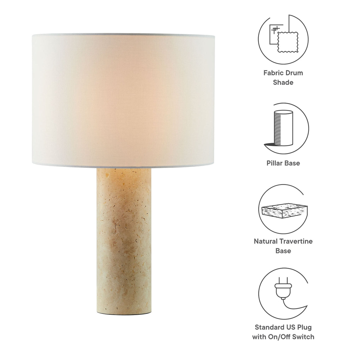 Zenith travertine table lamp with natural base and white fabric drum shade by Modway on Tampa Home & Garden Store