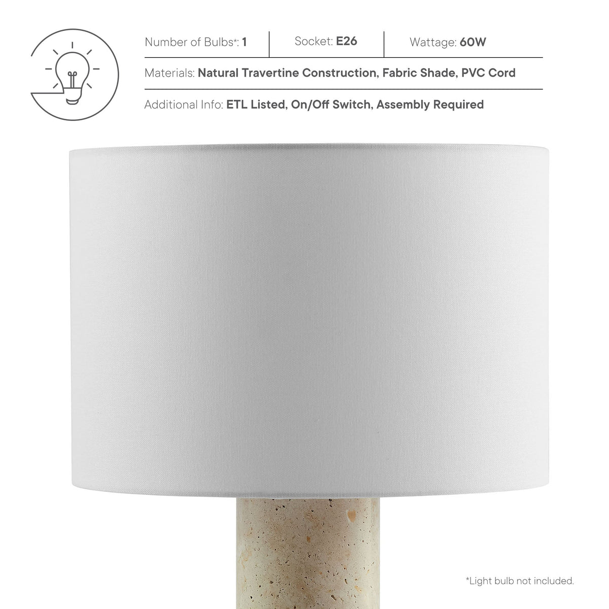 Zenith Travertine Table Lamp with Fabric Drum Shade, natural travertine base, gray shade on Tampa Home & Garden Store