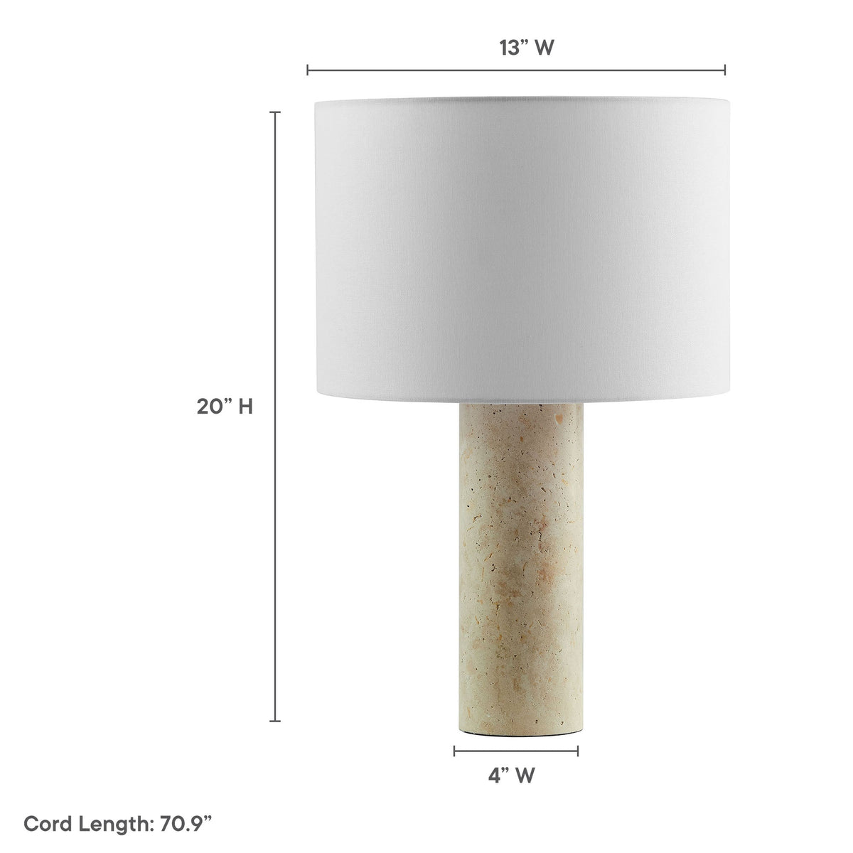 Zenith travertine table lamp with gray fabric drum shade on speckled stone base HouseOfZazla on Tampa Home & Garden Store