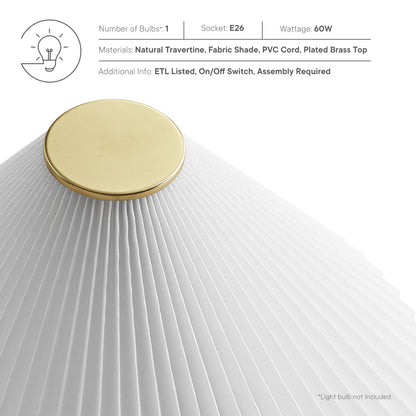 Cove Travertine table lamp with pleated white fabric shade and brass top by Modway on Tampa Home & Garden Store