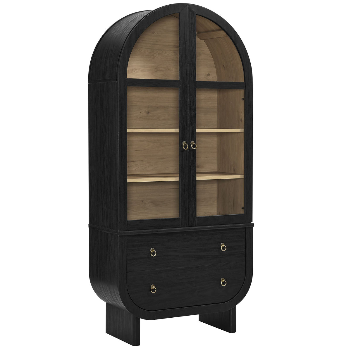 Nyx Arched Display Cabinet black wood frame with natural wood interior gold ring pulls on Tampa Home & Garden Store