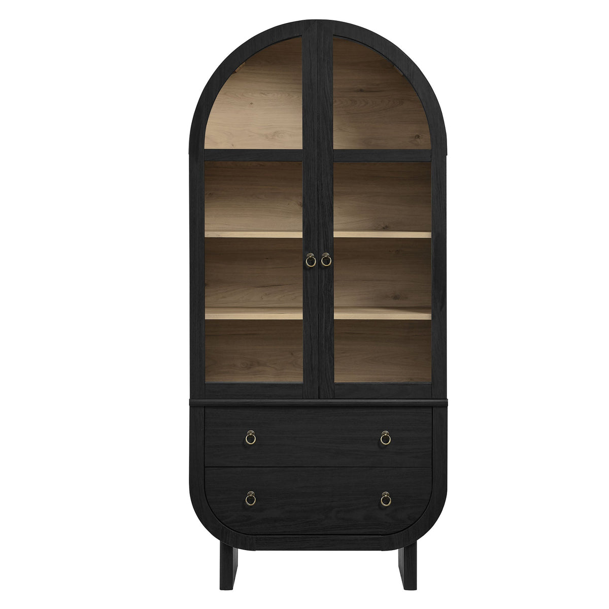 Nyx Arched Display Cabinet black wood with glass front doors brass ring pulls Hutches on Tampa Home & Garden Store