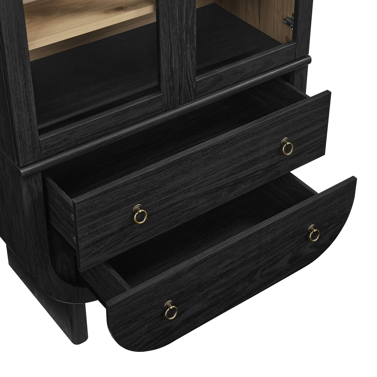 Nyx Arched Display Cabinet black wood finish with brass ring pulls and interior shelves on Tampa Home & Garden Store