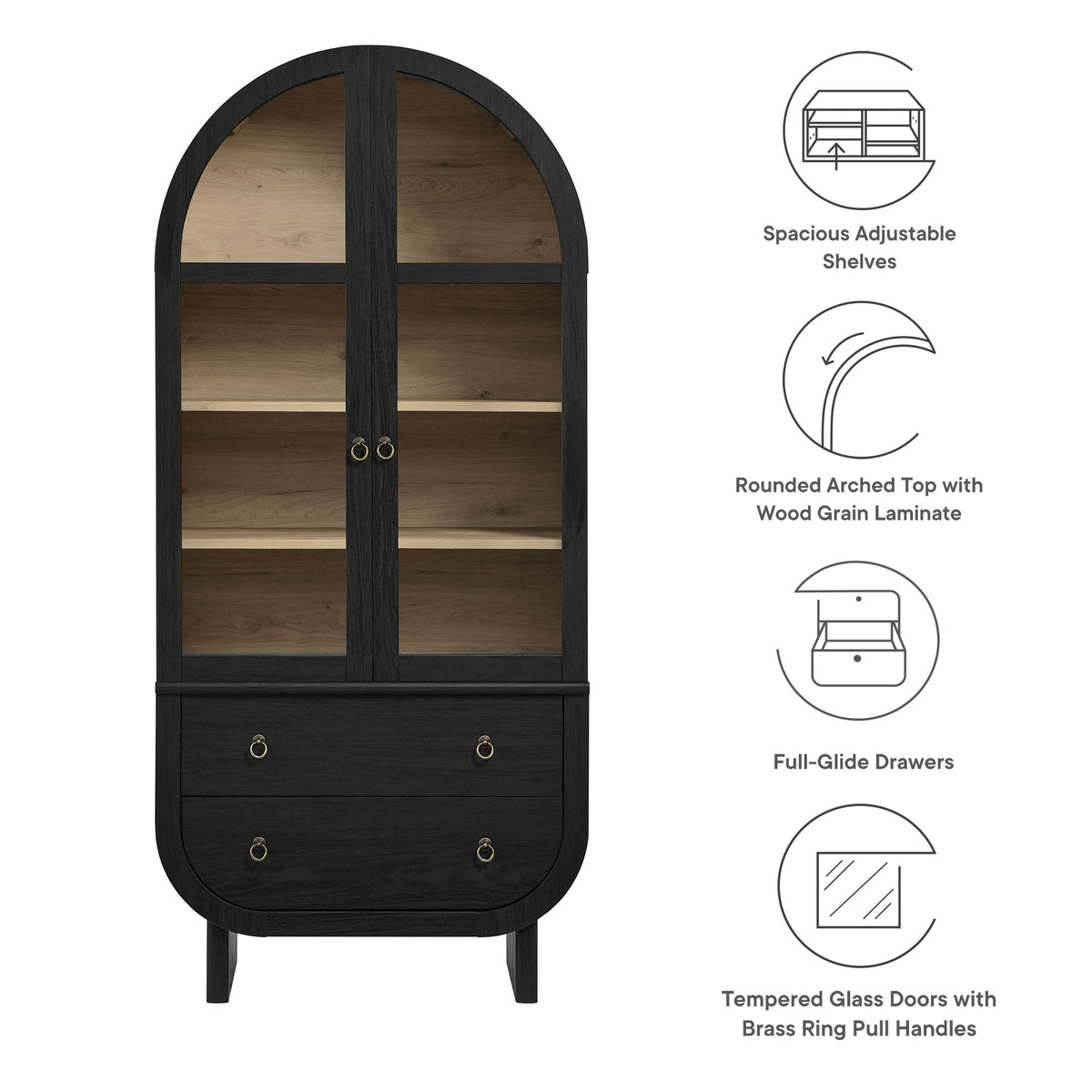 Nyx Arched Display Cabinet Modway, black wood with tempered glass doors brass pulls on Tampa Home & Garden Store
