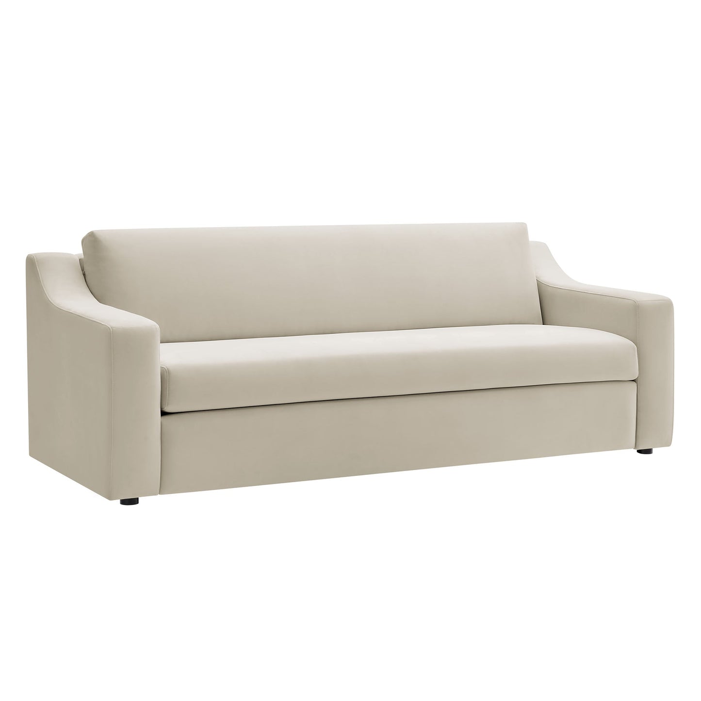 Liora Performance Velvet Sofa cream beige with square arms and low legs on Tampa Home & Garden Store