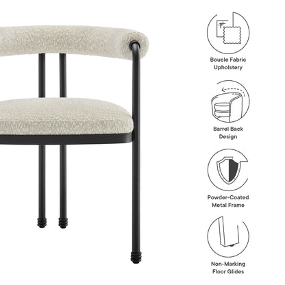 Turin Curved Back Boucle Dining Accent Chair with beige boucle upholstery and black metal frame on Tampa Home & Garden Store