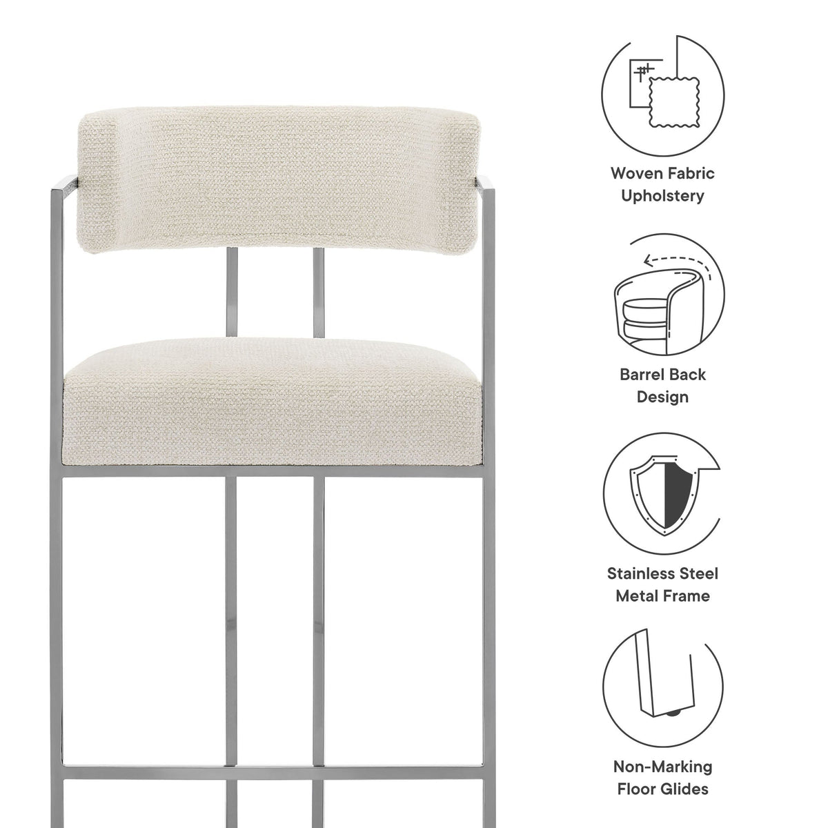 Huron curved-back counter stool with cream woven fabric and stainless steel frame on Tampa Home & Garden Store