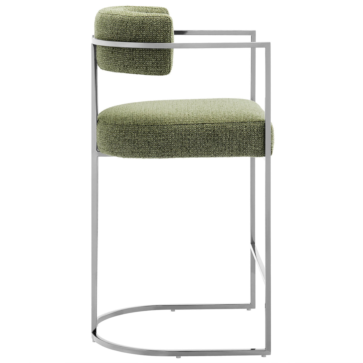 Huron curved-back counter stool in olive green textured fabric with chrome metal frame on Tampa Home & Garden Store