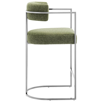 Huron curved-back counter stool in olive green textured fabric with chrome metal frame on Tampa Home & Garden Store