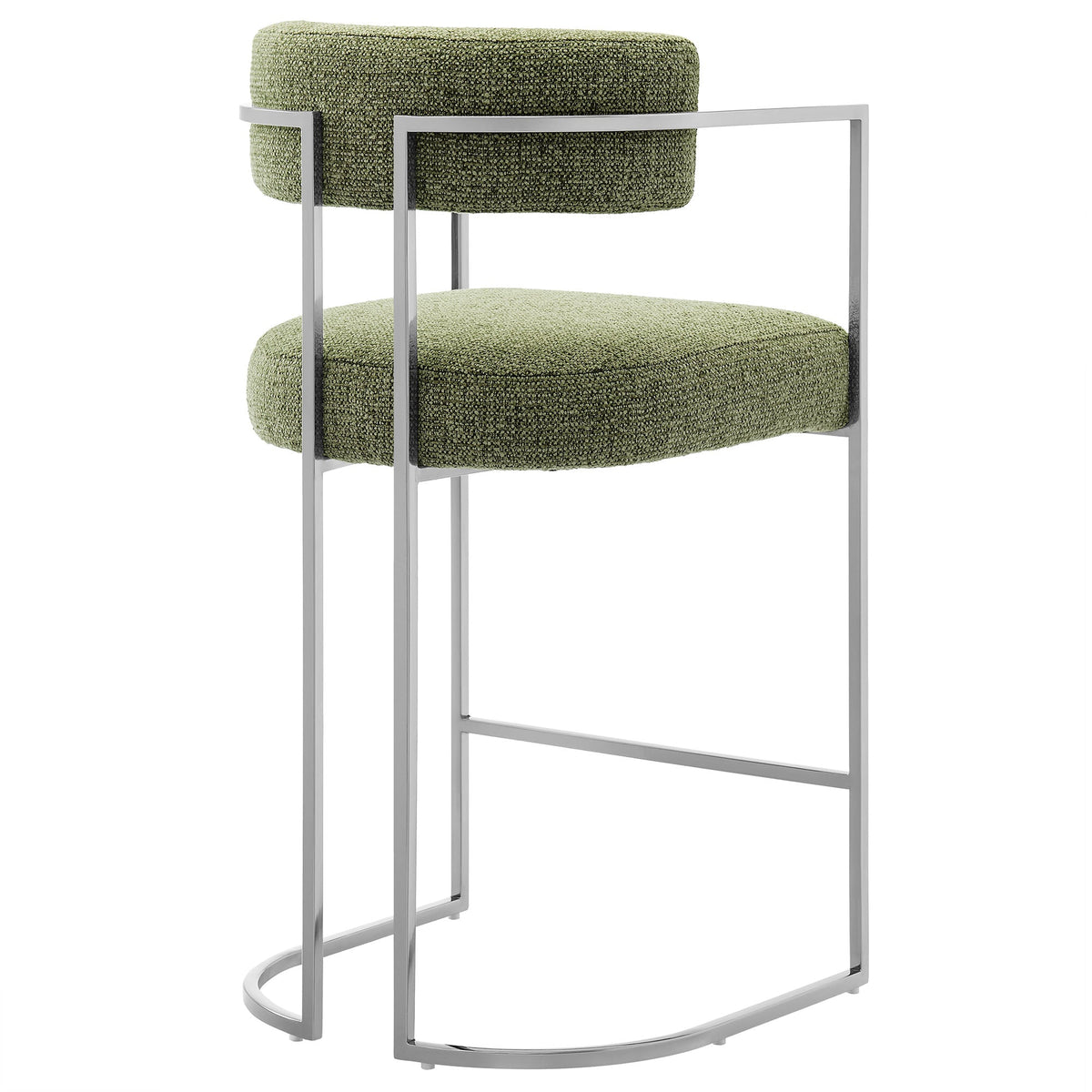 Huron curved-back counter stool in olive boucle fabric with a chrome frame and round footrest on Tampa Home & Garden Store
