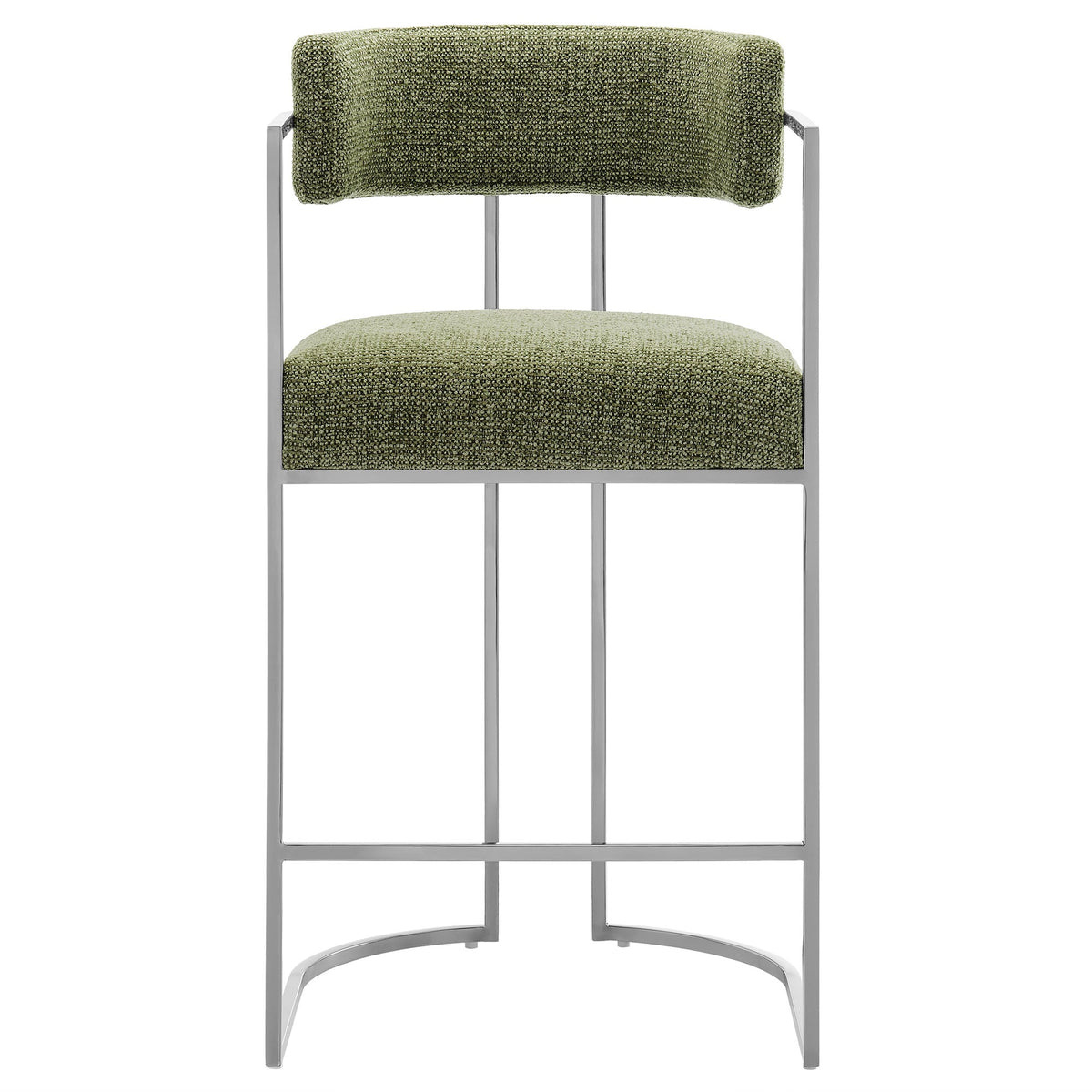 Huron curved-back counter stool with green boucle fabric and chrome metal frame on Tampa Home & Garden Store