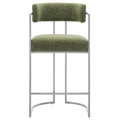 Huron curved-back counter stool with green boucle fabric and chrome metal frame on Tampa Home & Garden Store