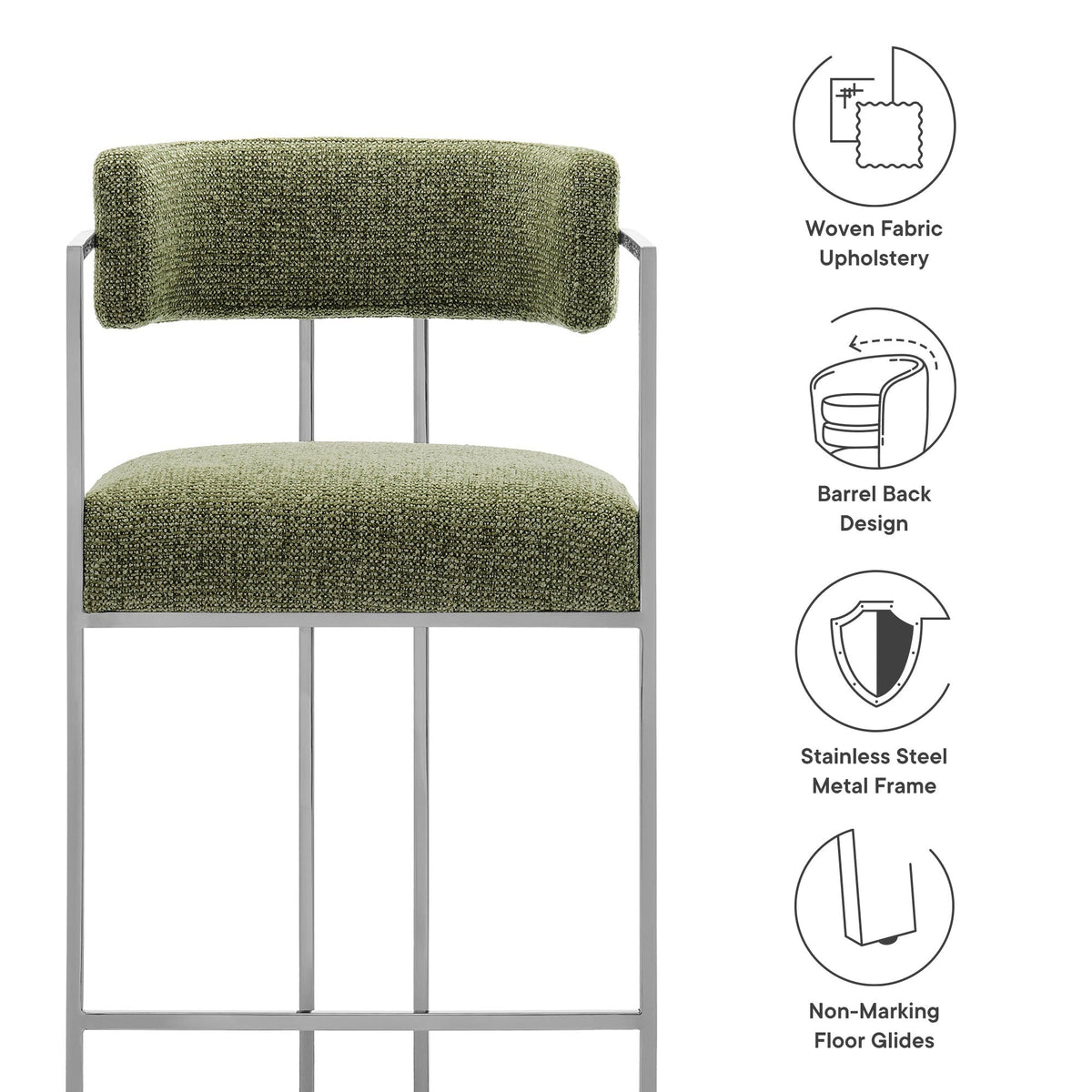 Huron curved-back counter stool in olive green woven fabric with stainless steel frame on Tampa Home & Garden Store