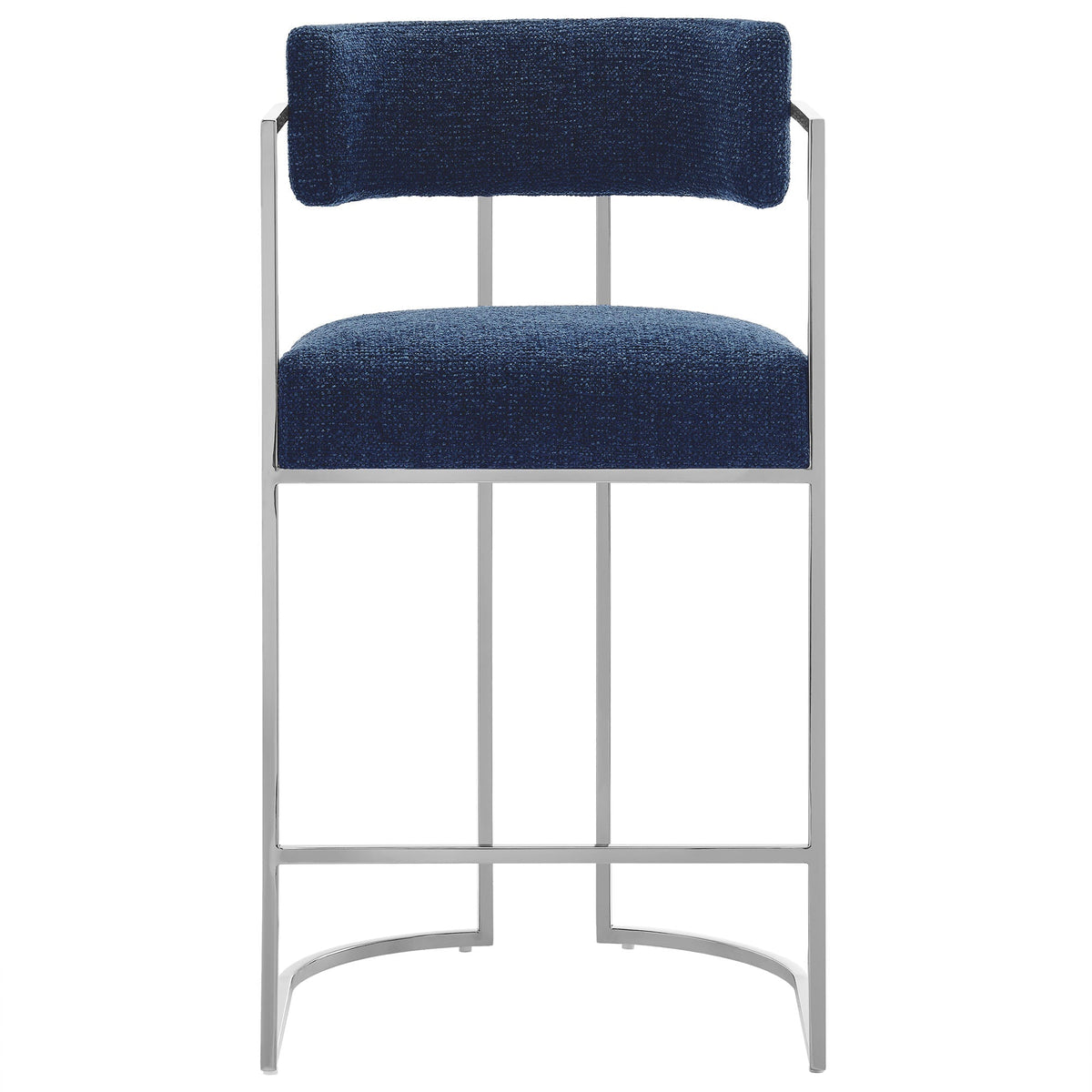 Huron curved-back blue fabric counter stool with chrome metal frame on Tampa Home & Garden Store