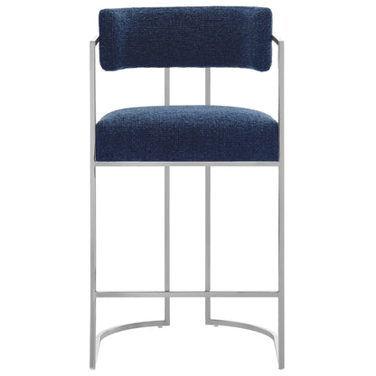 Huron curved-back blue fabric counter stool with chrome metal frame on Tampa Home & Garden Store