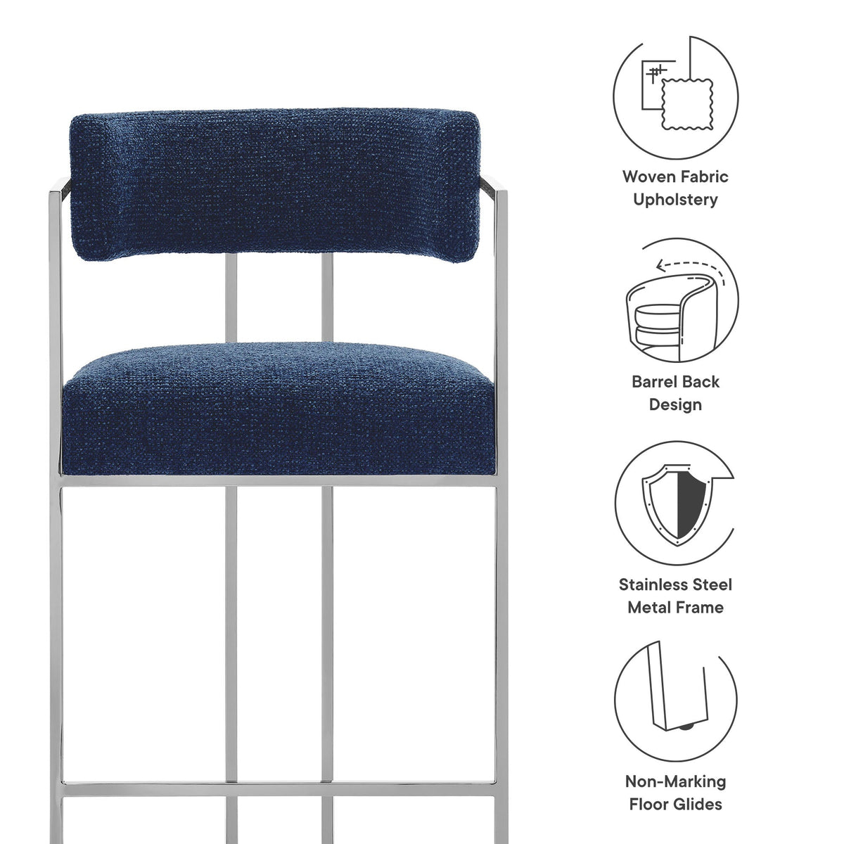 Huron curved back fabric counter stool blue upholstery with stainless steel frame on Tampa Home & Garden Store