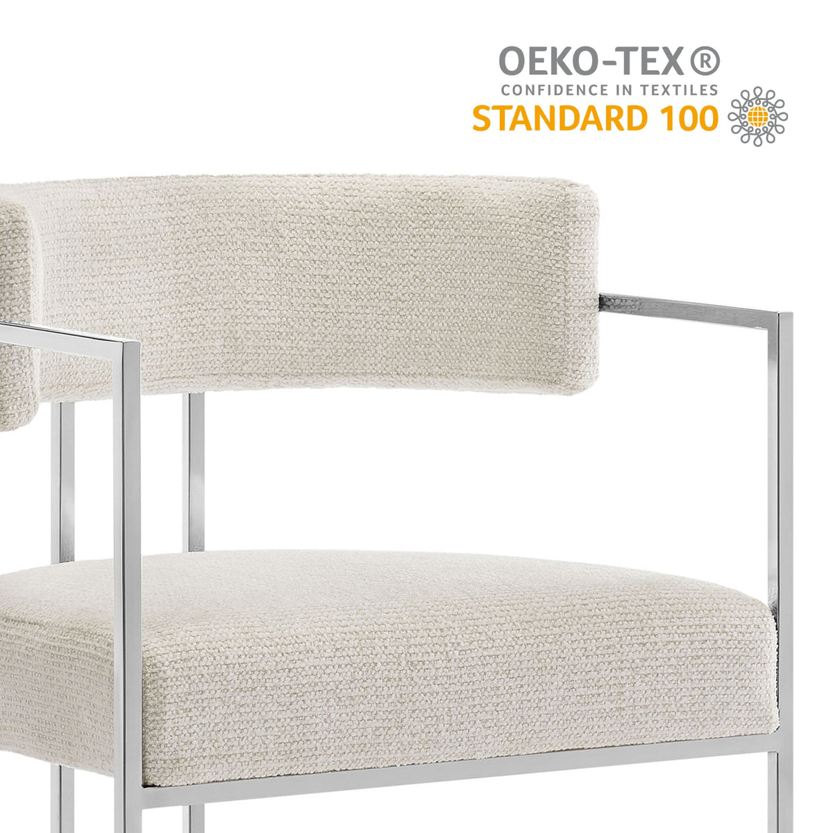 Huron curved-back beige fabric dining chair with chrome metal frame OEKO-TEX certified on Tampa Home & Garden Store