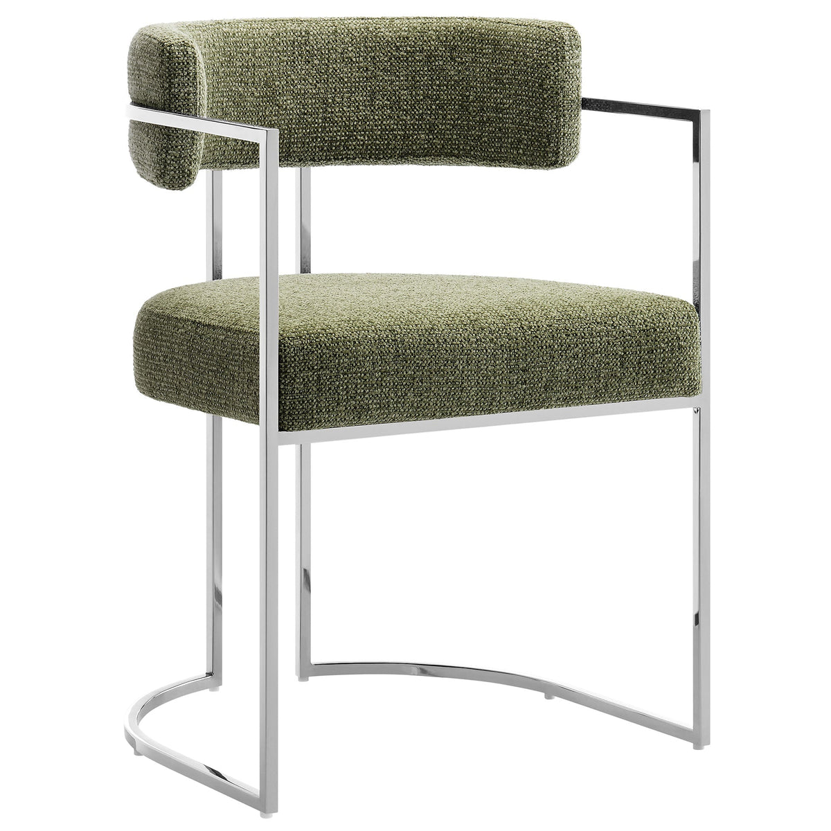 Huron curved-back dining accent chair with olive boucle fabric and chrome metal frame on Tampa Home & Garden Store